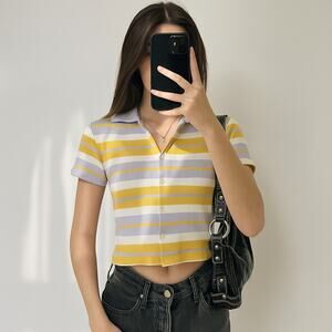 Brandy Melville Striped Polo Collared Short Sleeve Crop‎ Top Preppy Y2K Small
